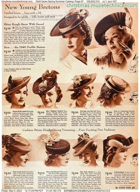 1940 Sears Spring Summer Catalog, Page 97 - Catalogs & Wishbooks 1940s Woman, 1940s Hats, Sears Catalog, Time Clothes, Fabric Sewing Patterns, Christmas Catalogs, 40s Fashion, Pattern Play, 1940s Fashion