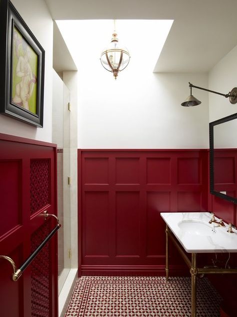 an art deco bathroom with burgundy wainscoting that makes a cool bold statement Paint Wainscoting, Bathroom Wainscoting Ideas, Burgundy Bathroom, Bathroom Wainscoting, Painted Wainscoting, Wainscoting Bathroom, Wood Wall Bathroom, Art Deco Bathroom, Bathroom Red