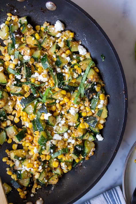 Zucchini Corn & Goat Cheese Side Dish Zucchini With Goat Cheese, Cheese Side Dish, Zucchini Goat Cheese, Planning 2024, Zucchini Corn, Cheese Corn, Fresh Corn, Yummy Sides, Fresh Basil