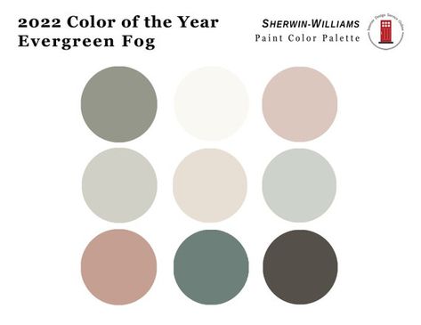 Fog Sherwin Williams, Sherwin Williams Color Schemes, Interior Paint Palettes, Evergreen Fog, 2022 Color Of The Year, Interior Design Color Schemes, Trending Paint Colors, Sherwin Williams Colors, House Color Palettes