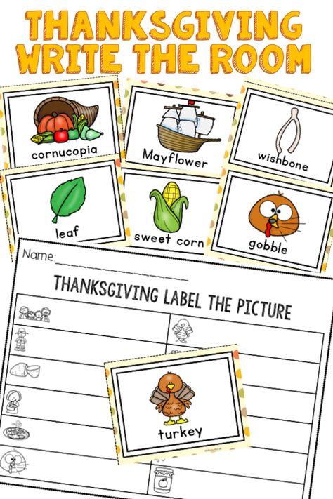 Thanksgiving themed write the room with 26 pictures beginning with each letter of the alphabet.  This works perfect for a literacy center activity in a kindergarten classroom and a great way to tie in vocabulary and writing. Thanksgiving Write The Room Freebie, Thanksgiving Write The Room, Thanksgiving Prek, Classroom Thanksgiving, Thanksgiving Writing Activity, Thanksgiving Labels, Morning Circle, Bucket Fillers, November Classroom