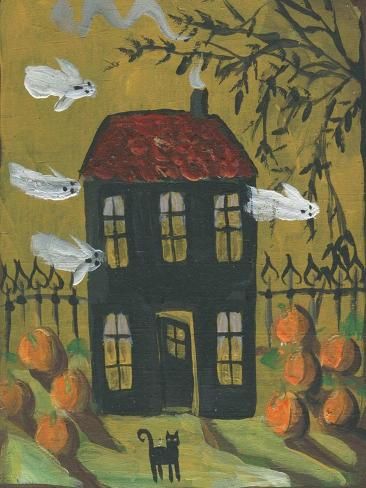 size: 12x9in Art Print: Haunted House Ghosts Halloween by sylvia pimental : Vintage Halloween Prints, Vintage Halloween Posters, Haunted House Craft, Flying Ghost, Ghosts Halloween, Creepy Houses, Halloween Folk Art, Halloween Haunted House, Halloween Crafts Decorations