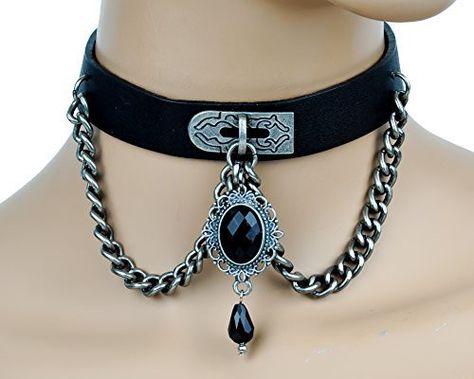 Black Stone Victorian Pendant Chain Pleather Choker Gothic Collar Vampire Anime, Gothic Bracelet, Gothic Chokers, Metal Choker, Victorian Pendants, Style Gothic, Pewter Metal, Emo Outfits, Psychobilly