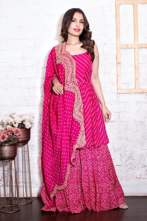 Bandhej Cord Set, Shrara Grara Design Silk, Bandhej Anarkali Suits, Shrara Grara Design, Cotton Gharara Designs, Bandhej Dress Designs, Bandhej Kurti Designs, Bandhej Suits Design, Chikan Anarkali