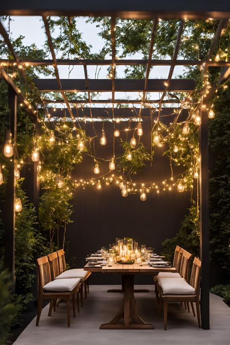 Backyard fairy lights hanging in trees, creating a magical, glowing atmosphere for outdoor gatherings. Fairy Patio Ideas, Fairy Lights Garden Outdoor, Backyard Fairy Lights, String Lights Patio, Creative Lighting Ideas, Evening Relaxation, Backyard Lighting Ideas, Fairy Lights Garden, Indoor Courtyard