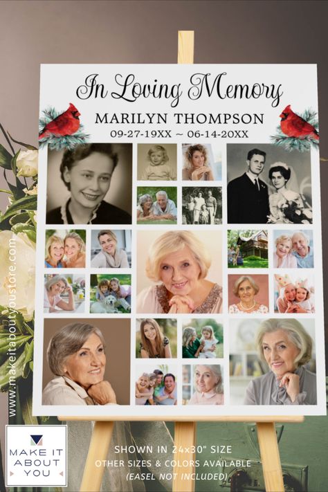 Create a photo memory foam board display of your lost loved one utilizing this easy-to-upload photo collage template with 21 square pictures for at a funeral memorial service, visitation or Celebration of Life event. The design features watercolor red cardinal birds on an evergreen pine tree branch. All text, font styles and colors can be changed. The sample shows elegant calligraphy typography for the editable title IN LOVING MEMORY you can change to FOREVER IN OUR HEARTS or your custom title. Memory Boards For Funerals Ideas, Memorial Board, Pine Tree Branch, Square Pictures, Memory Boards, Memorial Table, Picture Arrangements, Quote Collage, Photo Arrangement