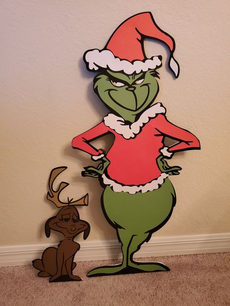 Cardstock and cardboard cutouts Grinch Cardboard Cutout, Cardboard Cutouts Diy, Whoville Decorations, Grinch Yard Decorations, Cricut Cutouts, Grinch Art, Season Project, Diy Christmas Yard Decorations, Cardboard Ideas