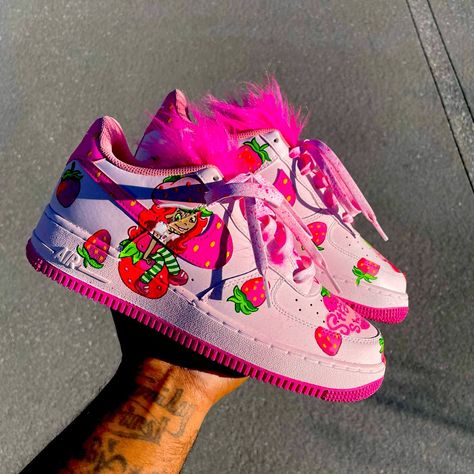 Strawberry Shortcake Air Force Ones Strawberry Nike Shoes, Customized Air Forces, Custom Christmas Shoes, Customize Jordans, Strawberry Shortcake Shoes, Custom Dunks Low, Custom Sneakers Ideas, Custom Air Force 1 Pink, Customized Nikes