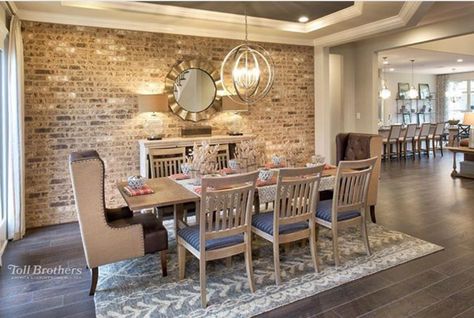 Dining room brick focal wall | nice lighting Dinning Room Wallpaper Ideas, Brick Wall Dining Room, Brick Dining Room, Dinning Room Wallpaper, Room Wallpaper Ideas, Dining Room Accent Wall, Brick Accent Walls, Brick Accent Wall, Brick Interior