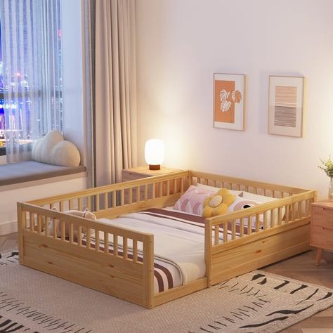 Full Floor Bed Frame with Fence, Wood Kids Floor Beds Frame for Bedroom Playroom - Bed Bath & Beyond - 40922186 Full Floor Bed, Twin Floor Bed, High Fence, Floor Beds, Kids Floor Bed, Wood Playhouse, Playhouse Bed, Montessori Floor Bed, Pine Wood Flooring