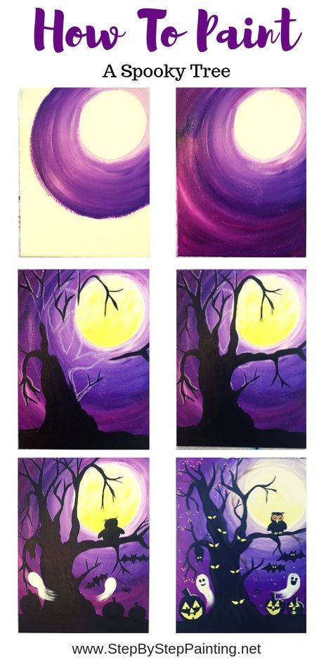 How To Paint A Spooky Tree - Step By Step Painting Spooky Tree, Creepy Halloween Decorations, Spooky Trees, Posca Marker, Halloween Silhouettes, Halloween Painting, Paint And Sip, Step By Step Painting, Learn To Paint