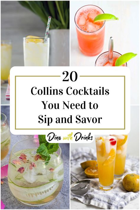 Collage of 4 collins cocktails. Tom Collins Recipe, Mixology Drinks, Night In With Friends, Collins Cocktail, Birthday Basket, Tom Collins, Specialty Cocktail, Thirsty Thursday, Easy Cocktails