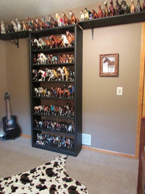 Horse power. . . on display.  Breyer horse shelves. Breyer Horse Shelves, Model Horse Display Ideas, Horse Inspired Bedroom, Breyer Horse Collection, Bryer Horses Display, Horse Room Ideas For Girls Kids, Breyer Horse Display, Breyer Horses Diy, Horse Room Ideas