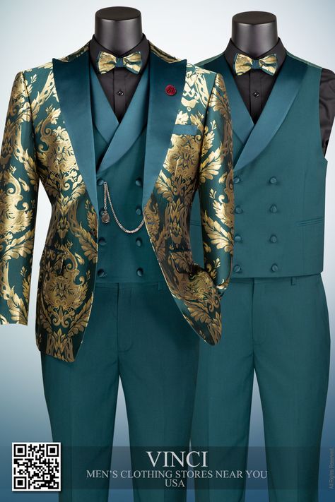 Emerald Modern Fit 4 pcs Fashion Suits for Men with Sateen Lapel Vest Jacquard Fabric MVJQ-1. https://vincisuits.com/stores/ Men Coat Outfit, Outfit For Wedding, Gucci Outfit, Men Coat, Fashion Suits For Men, Fashion Suits, Man Style, Coat Outfits, Jacquard Fabric