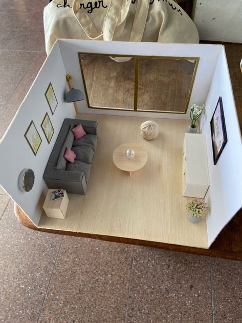 Cardboard House Interior, Maquette Architecture Ideas, House Maquette, Miniature Living Room, Tovad Ull, Interior Design Sketchbook, Barbie House Furniture, Room Box Miniatures, Interior Architecture Drawing