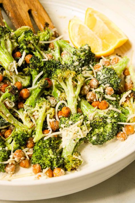 This Roasted Broccoli Salad with Tahini Caesar Dressing is a tasty and nutritious. Topped with Chickpea Croutons for plant-based protein. Broccoli Tahini Salad, Broccoli Tahini, Broccoli Caesar Salad, Tahini Caesar Dressing, Salad Croutons, Roasted Broccoli Salad, Chickpea Croutons, Crouton Salad, Classic Caesar Salad