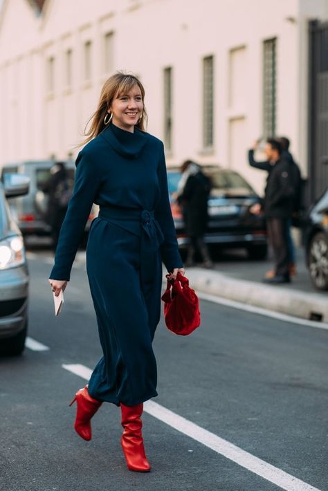 Bright red accessories are the easiest way to add a pop of color to your look. Winter Palette, Red Booties, Street Style Fall Outfits, Popsugar Fashion, Street Style Trends, Milan Fashion Weeks, Red Boots, Autumn Street Style, Street Style Inspiration