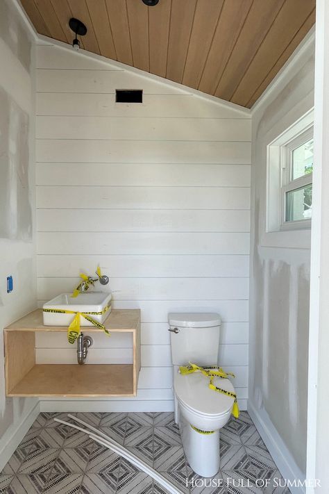 Outdoor Guest Bathroom, Powder Room Addition, Pool Powder Room Ideas, Small Outdoor Pool Bathroom, Backyard Pool Bathroom Ideas, Bathroom Addition To Back Of House, Shiplap Pool House, Outside Pool Bathroom Ideas, Pool Bathroom Ideas Small Spaces