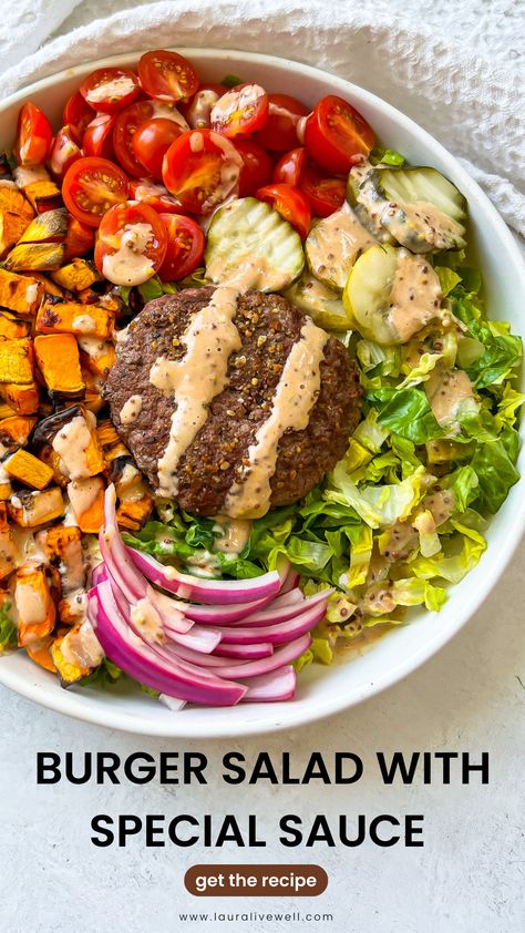 Burger Salad with Special Sauce Steak And Fries Salad, Healthy Burger Salad, Burger Salad Recipes, Iceburgers Lettuce Salad Recipes, Burger Salad Dressing, Healthy Burger Sides, Burger Salad Bowl, Healthy Sides For Burgers, Hamburger Salad