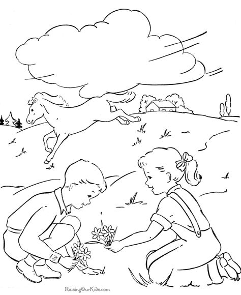 Kids Playing Drawing, Kids Drawing Projects, Flowers To Color, Free Printable Coloring Book, Father's Day Painting, Scenery Drawing For Kids, Farm Embroidery, Printable Flowers, Flower Frogs