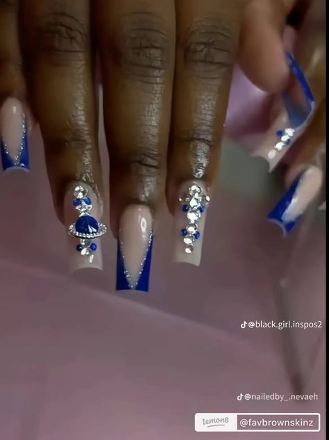 Space Charm Nails, Dark Blue Birthday Nails, Birthday Blue Nails, Baddie Acrylic Nails Long, Cute Square Nail Designs, Nails Acrylic Blue, Design French Tip, Charm Nails, Royal Blue Nails