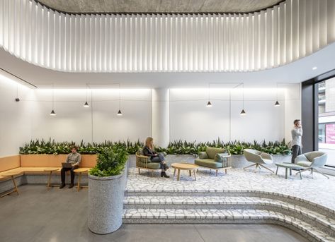 The Plan: Hudson Square Loft Buildings Get a Fresh Look #terrazzo Lobby Lighting, Absolute Black Granite, Street Lighting, Office Lobby, Green Cushions, Concrete Structure, Brick Building, Brickwork, Reception Desk