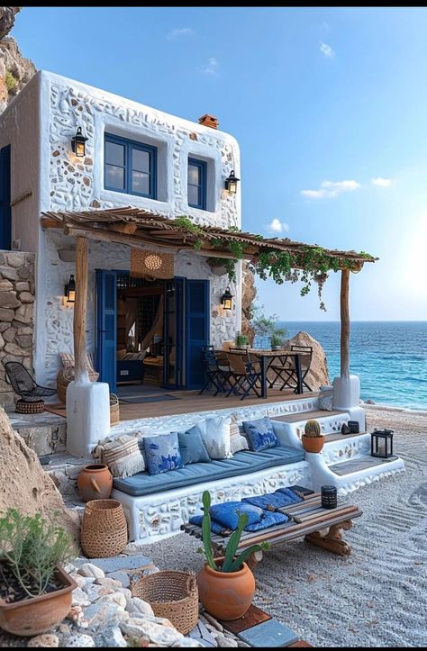 Greek Holiday Home, Greek House Aesthetic, European Beach House, Greek Beach House, Greek Houses Exterior, Manifest Aesthetic, Greece House, Greek Holiday, European Princess