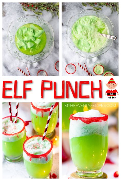 Elf Punch - A lime sherbert punch for a christmas party! Best Christmas punch recipe for a crowd. Green and red drinks! The cups look like elves! Buddy the elf punch! Kids love this and it's a delicious sherbert recipe. Christmas Punch Recipes With Sherbert, Christmas Punch Sherbert, Green Sherbert Punch, Kids Christmas Punch Recipes, Green Christmas Punch, Punch For Kids Party, Christmas Sherbet Punch, Elf Punch, Best Christmas Punch