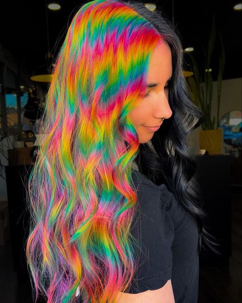 Rainbow Prism Vivid Split Dye Hair Split Rainbow Hair, Split Dye Vivid, Rainbow Split Dye Hair, Splat Hair Dye Ideas, Rainbow Prism Hair, Split Hair Dye, Prism Hair, How To Make Hairstyle, Splat Hair Dye