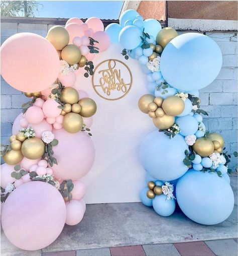 Gender Reveal Balloon Garland Kit Pink Blue Gold Baby Shower | Etsy Gender Reveal Setup Ideas, Gender Reveal Balloon Garland, Unique Gender Reveal Party Ideas, Birthday Twins, Gender Reveal Baby Shower Themes, Baby Gender Reveal Party Decorations, Gender Reveal Party Theme, Idee Babyshower, Gender Reveal Themes