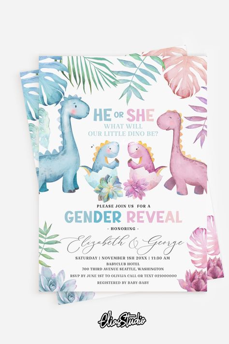 Cute He Or She Gender Reveal Invitation for the baby shower! Dinosaur Baby Shower Ideas Decoration, Baby Shower Dinosaur Theme, Dinosaur Baby Shower Ideas, He Or She Gender Reveal, Dinosaur Baby Shower Invitations, Dinosaur Baby Shower, Gender Reveal Invitations, Dinosaur Theme, Invitation Baby Shower