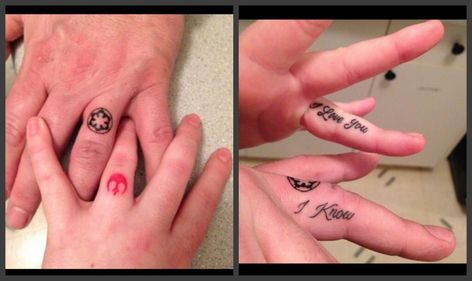 Geek Couple Tattoos, Star Wars Couples Tattoos, Star Wars Finger Tattoo, Matching Star Wars Tattoo, Star Wars Matching Tattoos, Star Wars Couple Tattoo, Star Wars Rings, Cool Aesthetic Tattoos, Couple Tats