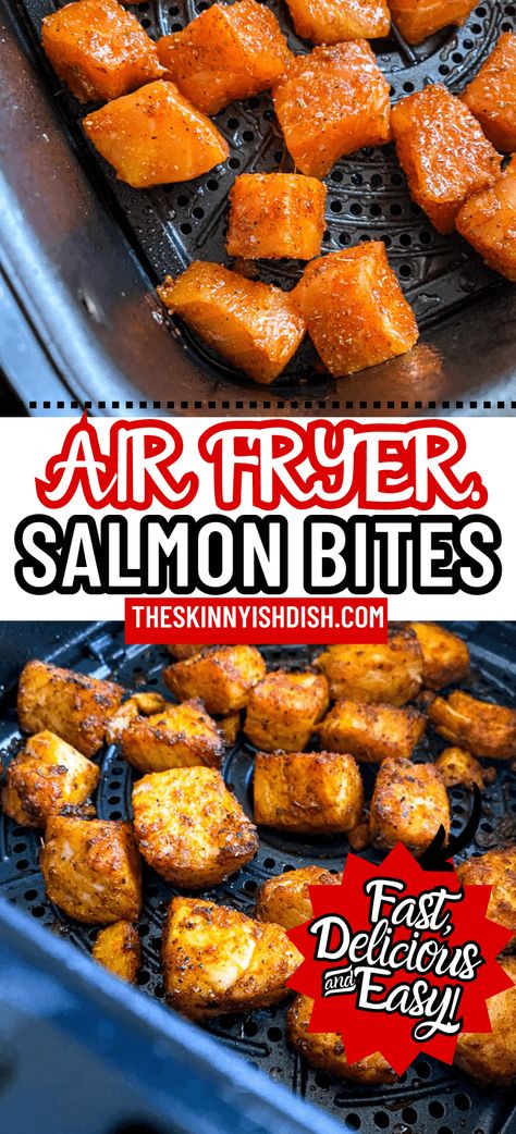 Air Fryer Salmon Bites are delightfully crispy on the outside, tender and flaky on the inside. Tossed in the perfect spice blend, these bite-sized pieces of salmon are cooked to perfection in the air fryer. This recipe is not only delicious but also packed with omega-3 fatty acids and high-quality protein. It's an easy, healthy, and flavorful dish that can be served as an appetizer or a main course on busy weeknights! Air Fryer Recipes Salmon, Ww Dinners, Salmon Bites Recipe, Air Fryer Salmon, Salmon Bites, Cooks Air Fryer, Fried Salmon, Salmon And Rice, Air Fryer Dinner Recipes