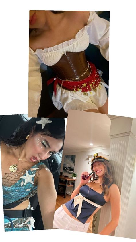 Sailors Halloween Costume Cute, Halloween Sailor Costumes, Siren And Pirate Costume, Sailor And Siren Costume, Sailor Halloween Costumes College, Diy Sailor Costume, Siren And Sailor Costume, Siren And Pirate, Mermaid And Sailor Costume