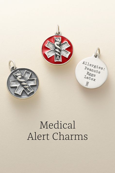 We have two styles of medical alert charms to notify paramedics of an allergy or condition. Engrave the back to personalize with your information. Life Alert, Medical Alert Necklace, James Avery Charms, Medic Alert Bracelets, Bracelets Charms, Medical Alert, James Avery, Joy Of Life, Id Bracelets