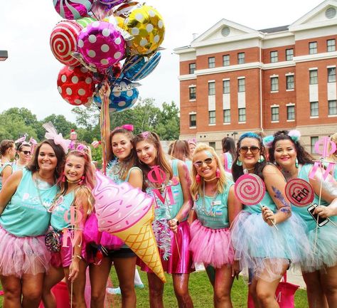 Home Sweet Home Sorority Bid Day, Candy Themed Outfit Sorority, Phi Mu Sorority, Candy Theme Sorority, Candyland Theme Outfit, Phi Mu Bid Day Themes, Candyland Sorority Theme, Candy Land Theme Outfits, Candy Land Bid Day