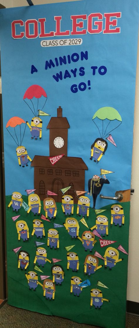 College week teacher classroom door decor. Minions. "College: a minion ways to go" Minion Classroom, Door Decorations College, Classroom Door Decor, College Counseling, College Class, School Doors, A Minion, College Classes, Door Decorations Classroom