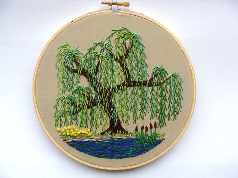 willow tree Willow Embroidery, Embroidery Trees, Embroidered Wall Hanging, Nature Home Decor, Weeping Willow Tree, Nature Home, Diy Embroidery Designs, Sashiko Embroidery, Weeping Willow