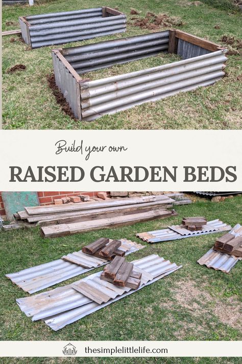 This article walks your through the steps to build your own raised garden bed using reclaimed materials as well as how to fill them and maintain them for years of backyard harvests ahead! Raised Bed On Wheels, Diy Tin Raised Garden Beds, Recycled Raised Garden Beds, Palette Raised Garden Bed, Upcycled Raised Garden Beds Diy, Diy Metal Garden Bed, Diy Metal Raised Garden Bed, Pallet Raised Garden Bed Diy, Concrete Block Garden Beds