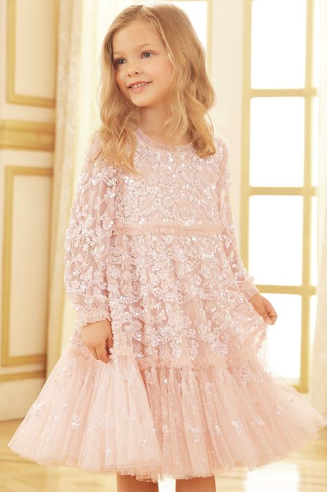 Alina Sequin Kids Dress – Pink | Needle & Thread 1940s Artwork, Sequin Kids Dress, Long Sleeve Kids Dress, Glitter Dress Short, Brown Packaging, Frocks For Kids, Pink Dress Short, Dress Design Drawing, Flower Motifs