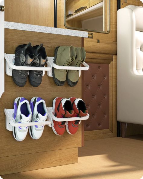 PRICES MAY VARY. Foldable Shoe Organizer on Wall - Comes with a foldable holder bar, Baffect plastic hanging shoes rack can increase the friction of the contact surface and make the shoes more stable over the wall. You can also adjust the folding angle according to the height of the shoes, and when not in use, you can fold it up for space saving. Breathable Shoes Racks - With small holes on the backplate, Baffect wall hanging shoes rack can not only keep the wall, or the door clean all the time, Shoe Storage For Small Spaces Closet, Shoe Rack For Small Spaces, Small Shoe Rack, Folding Shoe Rack, Wall Mounted Shoe Storage, Wall Mounted Shoe Rack, Hanging Shoe Rack, Shoe Holder, Shoe Hanger