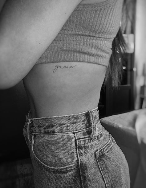 Fine Line Tattoo Ideas, Grace Tattoos, Needle Tattoo, Line Tattoo Ideas, Rib Tattoos For Women, Cursive Tattoos, Single Needle Tattoo, Fine Line Tattoo, Petite Tattoos