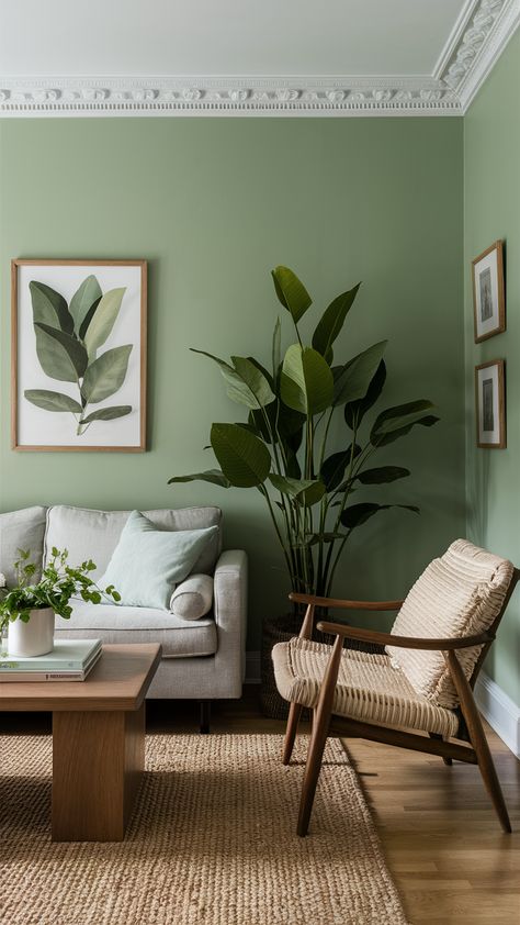 25 Living Room Paint Colors Ideas for Small & Large Spaces | Behr, Neutral & More Green Room With White Trim, Chalk Paint Colors Ideas, Grey Accent Walls, Olive Living Room, Sage Green Living Room Ideas, Olive Living Rooms, Nature Inspired Living Room, Sage Living Room, Living Room Paint Colors