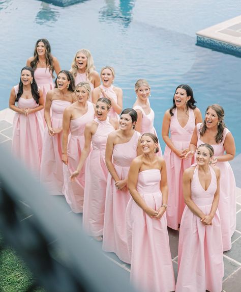 Pale Pink Bridal Party, Powder Pink Bridesmaid Dresses, Pink Spring Wedding Theme, Pink And Green Bridesmaid Dresses, 13 Bridesmaids, Pink Bridal Party Dresses, Pink Dress Bridesmaid, Pink Bridesmaid Dresses Mismatched, Petal Pink Bridesmaid Dresses