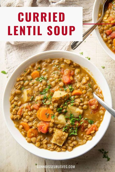 This curried lentil soup is healthy, hearty, and delicious! Easy to make and packed with flavor, it's perfect when you're craving a big bowl of comfort for dinner. Lentil Curry Soup, Vegan Curries, Curry Lentil Soup, Best Lentil Soup Recipe, Curried Lentil Soup, Healthy Vegan Dinner Recipes, Healthy Vegan Dinner, Vegan Dinner Recipes Easy, Wfpb Recipes