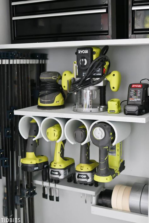 Garage tool storage and organization ideas. Dream workshop, right here! Click to see blog post and details. #garage #garageorganization #toolstorage #toolorganization #camitidbits #ryobi #ad #tools #mancave Dream Workshop, Storage And Organization Ideas, Garage Organization Tips, Garage Organisation, Garage Workshop Organization, Tool Storage Cabinets, Power Tool Storage, Garage Tool Organization, Garage Organization Diy