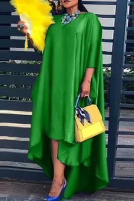 Green Fashion Casual Solid Asymmetrical O Neck Long Sleeve Plus Size Dresses Native Designs, Modern Wear, 70 Fashion, Dress Asymmetrical, African Clothes, Neck Bodycon Dress, Asymmetrical Neckline, Irregular Hem, Abaya Fashion