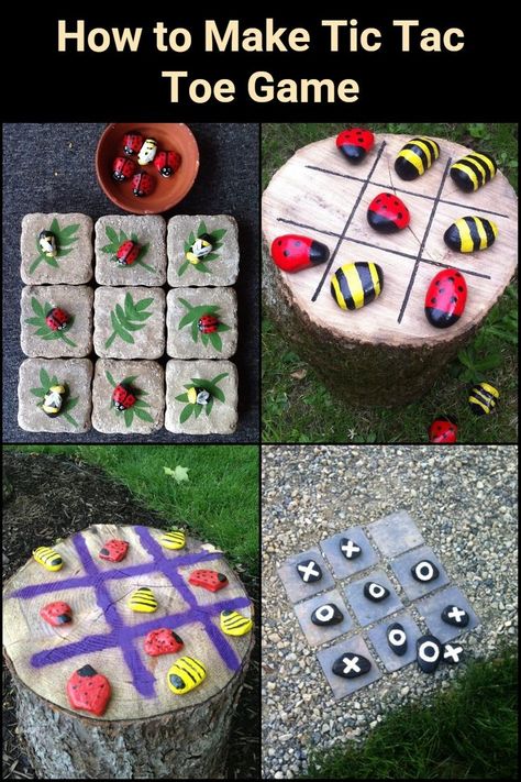 Now here's a nice little addition for making your outdoor area more entertaining! Make a fun outdoor Tic-Tac-Toe game using natural elements - stones and wood (and a little paint). The 'board' could be a piece of scrap timber or plywood, some excess tile, paving slabs, or even a tree stump if you have one in your yard. This project is also perfect for making use of your left over paint. Diy Tic Tac Toe Game, Tic Tac Toe Diy, Diy Tic Tac Toe, Brick Crafts, Stone Game, Tic Tac Toe Board, Wood Trunk, Wood Games, Tic Tac Toe Game