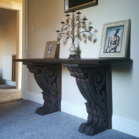 Gothic Victoriana rustic table used as a desk Made by PLP Woodworks This corbel desk was custom made for a client. Entry Table With Corbels, Gothic Console Table, Gothic Writing Desk, Manor Bridge Console, Art Nouveau Console Table, Entrance Table, Console Table Decorating, Front Entrances, Rustic Table