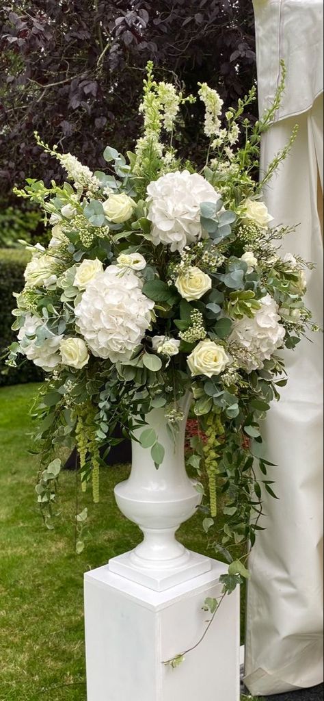 Cream And White Flower Arrangement, Foliage For Flower Arranging, Ivy Floral Arrangements, Large Pedestal Flower Arrangements, Large Urn Floral Arrangements, Large White Flower Arrangements, Floral Arrangements With Hydrangeas, Large Floral Arrangements Wedding, Large Wedding Arrangements